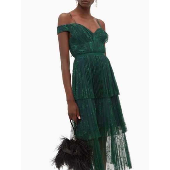 Self-Portrait Green Off Shoulder Fine Lace Dress - Picture 2 of 15